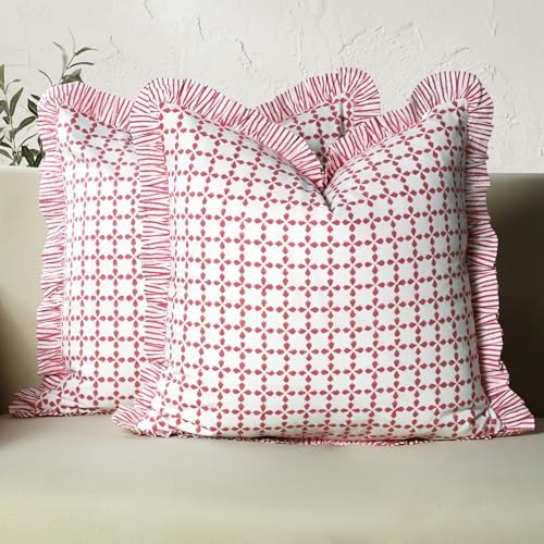 CPC Magenta Pink Hand Block Print 100% Cotton Ruffle Throw Pillow Cover 24x24 inch with Hidden Zipper Decorative for Couch, Bed, Sofa, Farmhouse, Cottagecore Decor Gift Christmas Fall Thanksgiving by COTTONPRINTCLUB