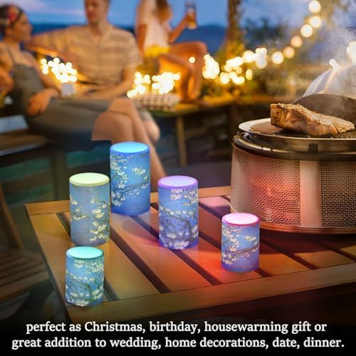 ALAZA Van Gogh Almond Blossom Flickering Flameless Candles Battery Operated with Remote Timer,Tea Light Candles LED Pillar Votive Candles Set of 2 for Outdoor Indoor Decorations - Image 7