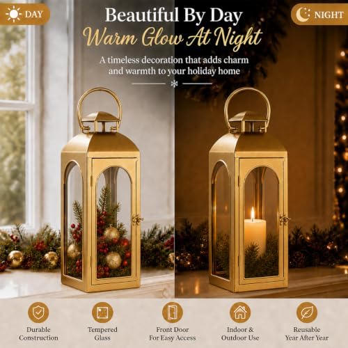 Christmas Decorative Lanterns Gold Metal Candle Holders 20 Inch 2 Pack - Image 5