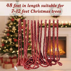 48FT Extra Long Christmas Wood Bead Garland for Xmas Mantle (Dark Red) - Image 3