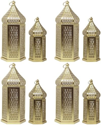 VELA LANTERNS 8ct Golden Tower Temple Moroccan Lantern Lamp Decorative Candle Holders for Ramadan Decorations, Hanging, Outdoor Patio or Porch, Indoor Home Decor, Gold, 4-11" Small, 4-15" Large - Image 2