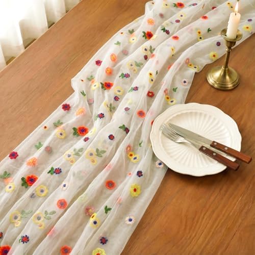 4 Pack Embroidery Floral Table Runner Rustic Spring Summer Wildflower Tulle Table Runner Vintage Flower Tabletop Runners Decoration for Home Wedding Party, 108 x 25 inch (Multicolor Flowers) - Image 4