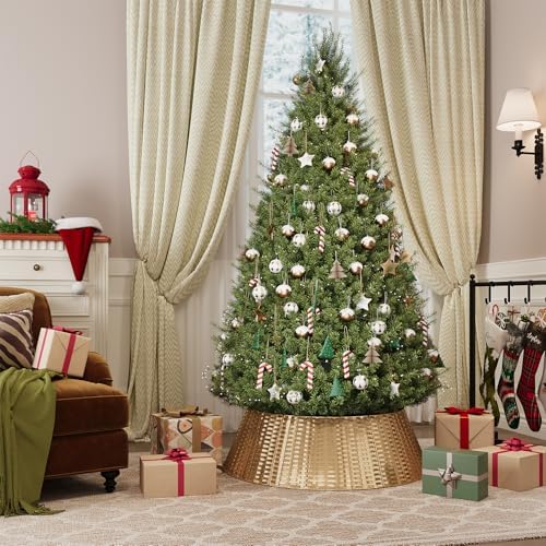 ELYKEN Gold Christmas Tree Collar, 33 Inch Woven Xmas Tree Skirt Cord Cut-Out - Protects Tree Base from Pets, Stylish Holiday Tree Skirt Alternative, Round Tree Ring for Christmas Tree Decor - Image 2