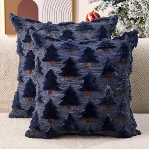 Allorry Christmas Pillow Covers 20x20 inch Set of 2 Navy Blue Christmas Decorations Soft Plush Faux Fur Wool Christmas Tree Throw Pillow Cases Winter Holiday Decor for Sofa Living Room PT002H20 by Allorry