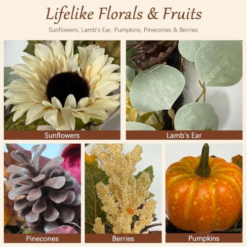 6FT Fall Garland with Lights, Sunflower Pumpkin Daisy Grapevine Lamb Ear Leaves, Thanksgiving Autumn Harvest Home Decor for Mantle Porch Table Centerpiece - Image 3