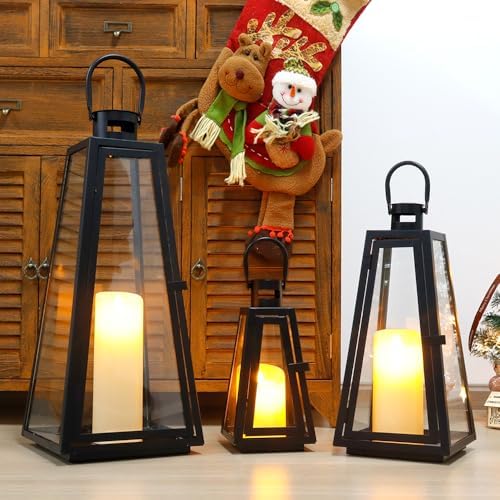 TRIROCKS Set of 3 Decorative Candle Lantern 11/16/21''H Metal Outdoor Candle Holder Hanging Lantern with Tempered Glass for Christmas Home Living Room Parties Event Indoors Outdoors (Black Triangle) - Image 2