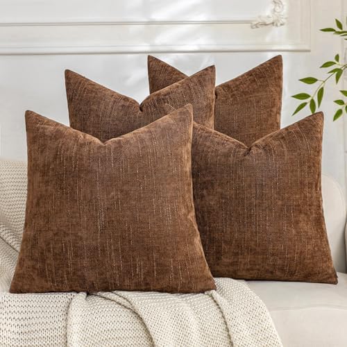 Set of 4 Soft Textured Decorative Throw Pillow Covers 20x20 Inch Cozy Farmhouse Cushion Cover Square Accent Pillow Cases for Bed Couch Sofa Living Room, Brown by Cozoomy