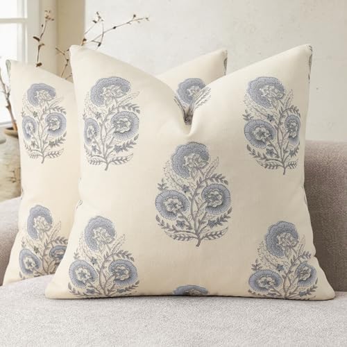 Vintage Floral Print Euro Sham Pillow Covers 26x26 Set of 2 Patterned Accent Decorative Cushion Covers Modern Farmhouse Throw Pillow Covers for Bed Sofa Couch Chair Living Room Home Decor, Dusty Blue by PillowCoversExpert