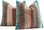 AmHoo Set of 2 Chenille Tufted Striped Textured Boho Throw Pillow Covers Aesthetic Woven Decorative Pillow Case for Couch Bed Sofa Bedroom Modern Funky 18 x 18-Inch Turquoise Multicolor by AmHootextile