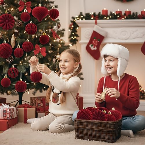 48 Pcs Velvet Christmas Ball Ornaments,Flocked Christmas Tree Decorations,Xmas Tree Decor,Hanging Balls Ornaments with Loop,Decoration for Xmas,Holiday,Wedding,Home Decor,Multi-Shape (Burgundy) - Image 6
