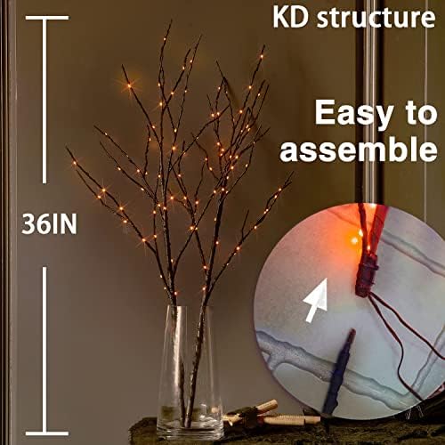 Fudios Halloween Lighted Branches with Timer 100 LED Orange Fairy Lights 32IN, Black Tree Branch Lights Battery Operated for Home Party Mantle Decoration - Image 4