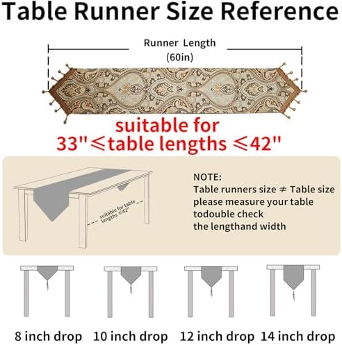 Luxury Vintage Design Table Runner 60 inches Long Embroidery Jacquard Fabric with Multi-Tassels Table Runners for Dining Room Dresser Wedding Holiday Party Fireplace Decorations (Coffee, 12X60inch) - Image 2