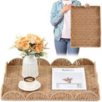 Teenyyou Paper Rope Scalloped Tray 24" L x 18" W x 2.4" H Rectangle Woven Decorative Coffee Table Serving Tray with Handle Ottoman Large Handwoven Basket Home Decor for Kitchen Counter Organizing by Teenyyou