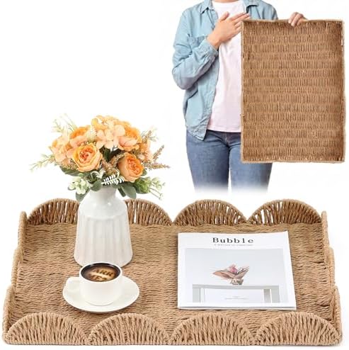Teenyyou Paper Rope Scalloped Tray 24" L x 18" W x 2.4" H Rectangle Woven Decorative Coffee Table Serving Tray with Handle Ottoman Large Handwoven Basket Home Decor for Kitchen Counter Organizing by Teenyyou