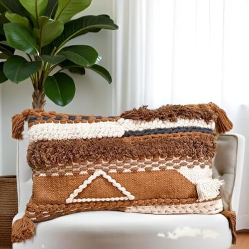 Decorative Throw Pillow Cover 12x20 Knitted Lumbar Pillow Tufted Accent with Tassels for Couch Bed Sofa Cotton Wool Woven Boho Handwoven Pillow (Neutral/Earth Tone) - Image 6