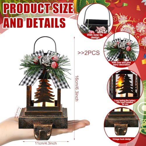 Therwen 2 Pcs Christmas Stocking Holders Lantern, LED, Xmas Tree, Bronze - Image 2