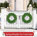 22 Inch Boxwood Wreath for Front Door Realistic with Welcome Sign Faux Easter Green Preserved Boxwood Wreaths Outdoor Spring Wreaths for Front Door Outside for Porch Farmhouse Wall Home Decor - Image 2