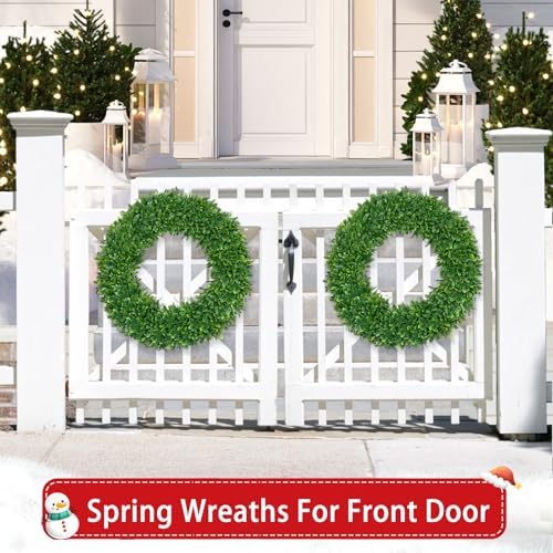 22 Inch Boxwood Wreath for Front Door Realistic with Welcome Sign Faux Easter Green Preserved Boxwood Wreaths Outdoor Spring Wreaths for Front Door Outside for Porch Farmhouse Wall Home Decor - Image 2