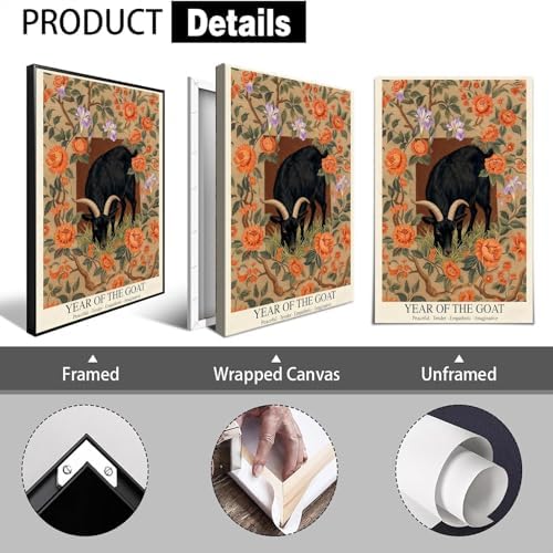 Chinese Lunar Year of the Goat Black Goat Wall Art with Orange Floral and Iris Pattern - Home Decor Posters for Room Aesthetic Family Wall Decor Prints Canvas Wall Art 16X24 in Wrapped Framed - Image 2