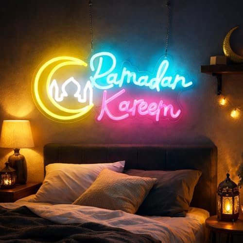 Ramadan Decorations for Home, Ramadan Lights LED Neon Sign, Islamic Wall Decor Hanging Acrylic Light Up Moon Star, Ramadan Kareem Wall Art for Room Door Window Eid Party Supplies Gift by KEPATO