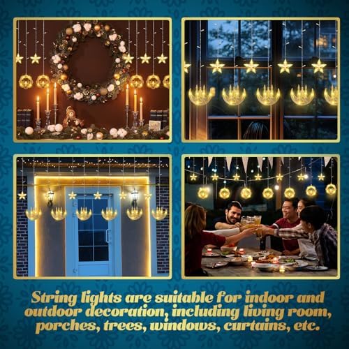 Riakrum 2 Pack Eid Mubarak Fairy Curtain Lights 9.84 ft Star Moon Castle Lights LED Window Star Lights for Ramadan Home Decoration Gifts Wedding Christmas Eid Party Indoor Holiday - Image 6