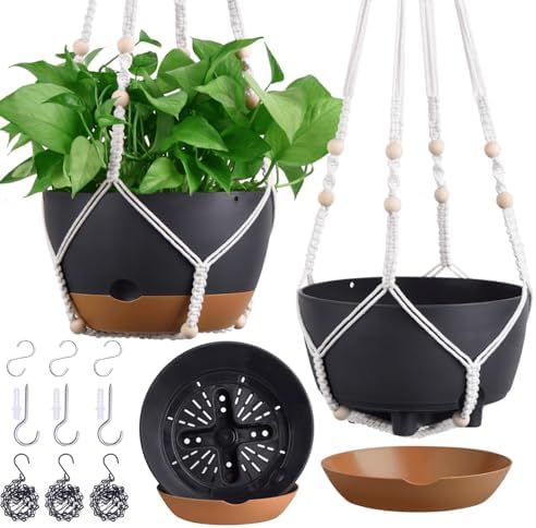 3 Pack 8/10/12 Inch Self-Watering Hanging Plant Pot Chain& Macrame Hangers by Montresor