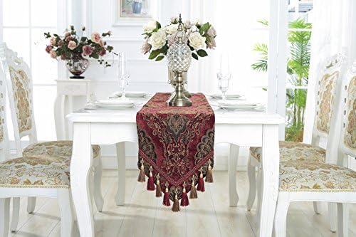 Embroidery Luxury Table Runner Jacquard Fabric Table Runner with Multi-Tassels for Dining Room Dresser Wedding Party Decorations, 13" x 62", Red - Image 4