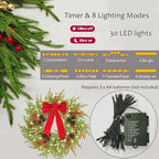 26" Norfolk Pine Wreath, Large Greenery Wreath for Front Door, Green Year Round Real Touch Artificial Greenery Wreath for Wall Porch Rustic Farmhouse Home Decor, with Lights, Red Bow, FF10 - Image 7