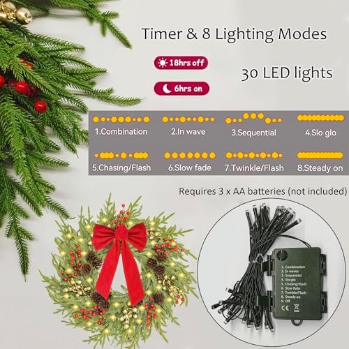 26" Norfolk Pine Wreath, Large Greenery Wreath for Front Door, Green Year Round Real Touch Artificial Greenery Wreath for Wall Porch Rustic Farmhouse Home Decor, with Lights, Red Bow, FF10 - Image 7