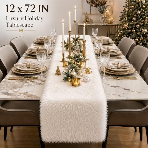 Faux Fur Table Runner 12x72 Inch White Christmas Table Decor - Image 2