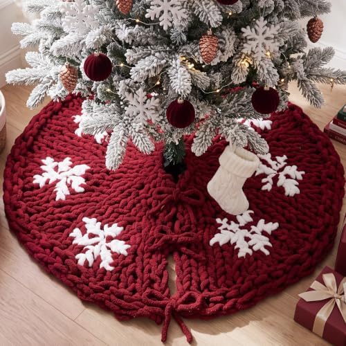 48'' Chunky Knit Christmas Tree Skirt Burgundy Red Trees Skirt - Image 5