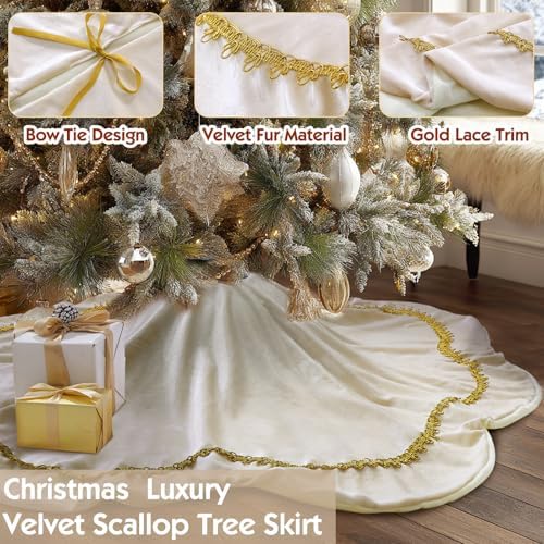 Arrowbash Ivory 48 Inch Christmas Tree Skirt Velvet Scallop Ddge - Image 5