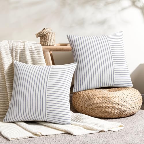 YCOLL Farmhouse Euro Sham Pillow Covers 24x24, Modern Throw Pillow Covers Set of 2, Blue and Beige Striped Patchwork Linen Decorative Pillows Cushion Covers for Bed Sofa Couch Living Room Home Decor - Image 2