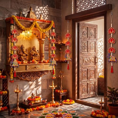 8 Pcs Indian Pichwai Style Diwali Hanging Decor, Red Lotus with Elephant - Image 5