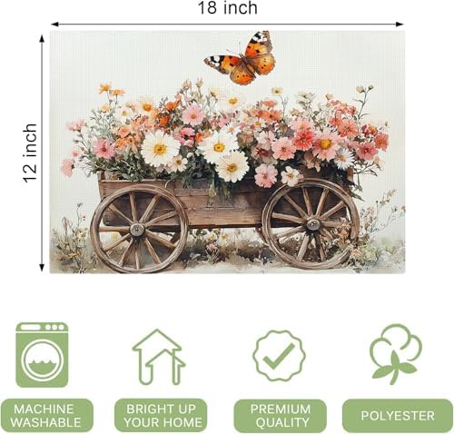 Country Flower Spring Placemats Set of 6, 12x18 Inch Farmhouse Floral Summer Table Place Mat Rustic Washable Non-Slip Heat Resistant Fabric Placement Mats for Dining Kitchen Indoor Outdoor Decor - Image 4
