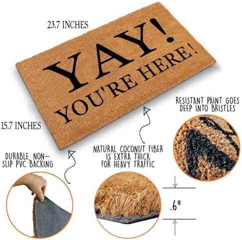 Yay You're Here Funny Coir Doormat - Natural Brown Entryway Welcome Mat, 23.7 x 15.7 inch - Image 4