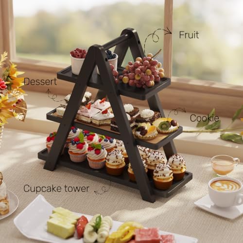 3 Tier Serving Tray, Cupcake Stand,Party Serving Decorative Tray Decor with 3 Bamboo Serving Platters for Fruit Dessert Presentation (Black) - Image 2
