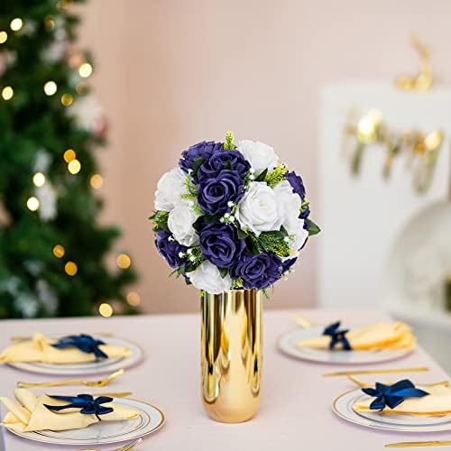 BLOSMON Navy Blue White Flowers for Centerpieces: 10 Pcs, Artificial Roses - Image 3
