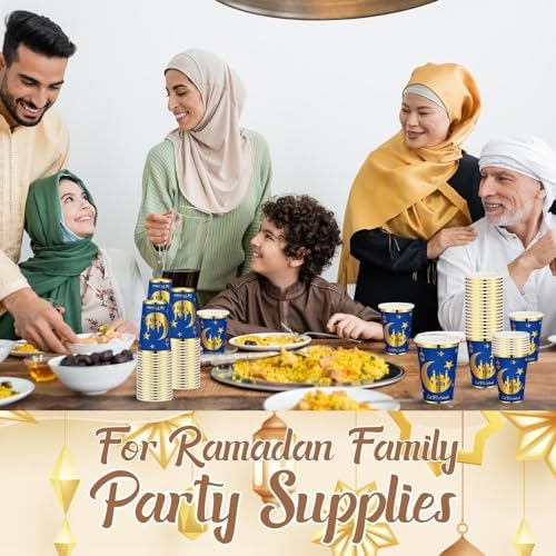 Domensi 100 Pack Eid Mubarak Paper Cups Gold Foil Disposable, Blue - Image 5