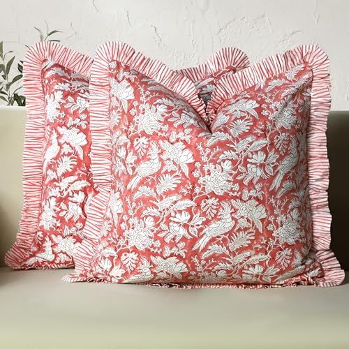 CPC Block Print Ruffle Throw Pillow Cover Pink Coral 16"x16", Pack of 2 by COTTONPRINTCLUB