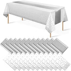 MASHAN 24Pack Disposable Plastic Tablecloths and Satin Table Runner Set White and Silver Dot Tablecloth Silver Satin Table Runner for Wedding Birthday Baby Shower Christmas New Year Party Decorations by MASHAN