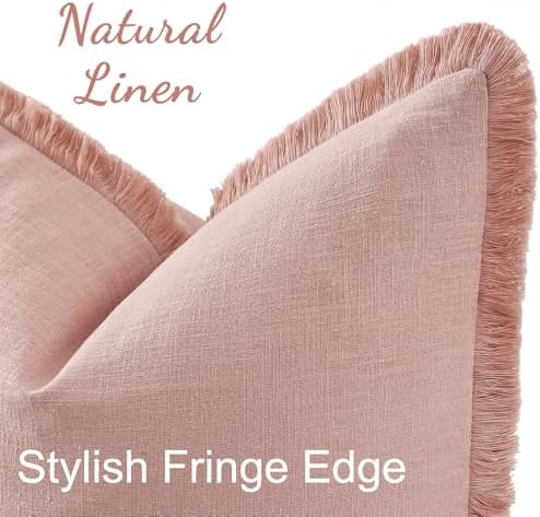 decorUhome Linen Fringe Pink Throw Pillow Covers 24x24 Set of 2 - Image 2