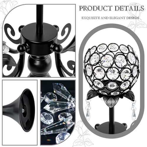 Set of 4 Crystal Tea Light Candle Holders - 22.5" Tall Metal & Crystal Centerpiece with Weighted Base for Birthday Valentine Dinner Table Decor- Matte Black - Image 3