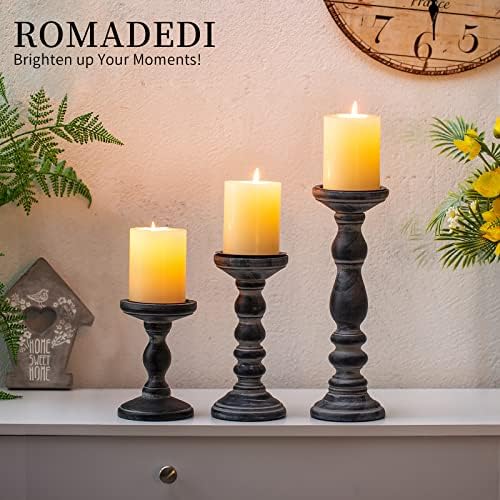 Romadedi Black and Gray Distressed Wood Pillar Candle Holders, Set of 3 - Image 4