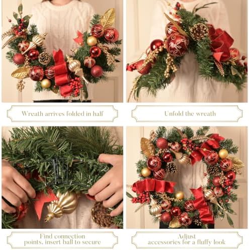 Valery Madelyn 24" Pre-Lit Large Christmas Wreath for Front Door Red Gold - Image 5