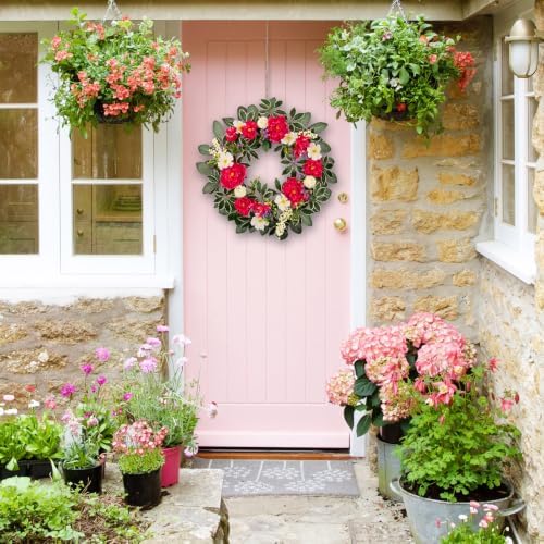24 Inch Summer Floral Wreath, Vibrant Hot Pink Peony Wreath with White Anemone, White Berry & Variegated Foliage,Artificial Flower Wreath for Front Door Porch Wall Window Farmhouse Holiday Home Decor - Image 2