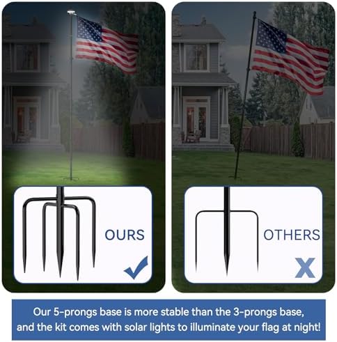 ZMTECH 10 FT Flag Pole in Ground with Solar Light, Heavy Duty Flag Pole Holder for Outside House with Solar Light and 5 Pronges Base, Flag Pole Kit for Outdoor Garden Decor(1 Pack,Without Flag) - Image 3