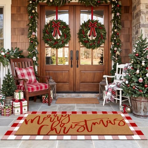 Tinideya 2 Pcs Large Red Christmas Layered Doormat Winter Front Door Mat by Tinideya