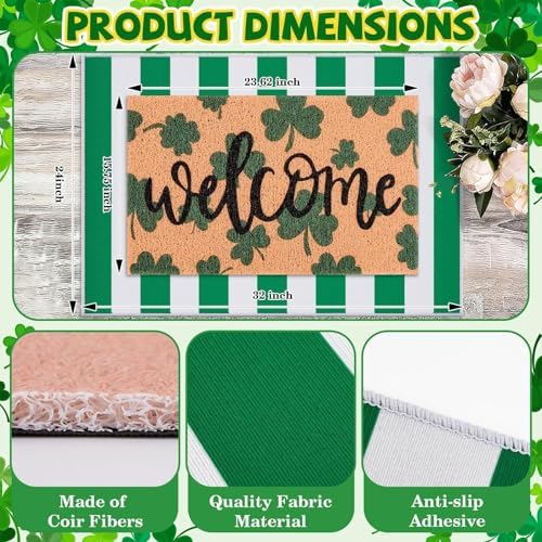 2 Pcs St. Patrick's Day Doormat Shamrock Pattern Welcome Door Mat Non Slip Coir Mat White & Green Striped Layering Mat for St. Patrick's Day Front Door Porch Entryway Decor 23.6 x 31.5 Inch - Image 3