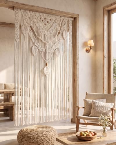 BECHAEO Boho Macrame Curtain with Leaves Tassels, 2PCS 39" x 79" White C - Image 4